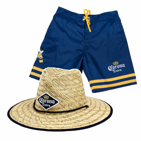 Corona Extra Board Shorts and Lifeguard Beach Hat Bundle